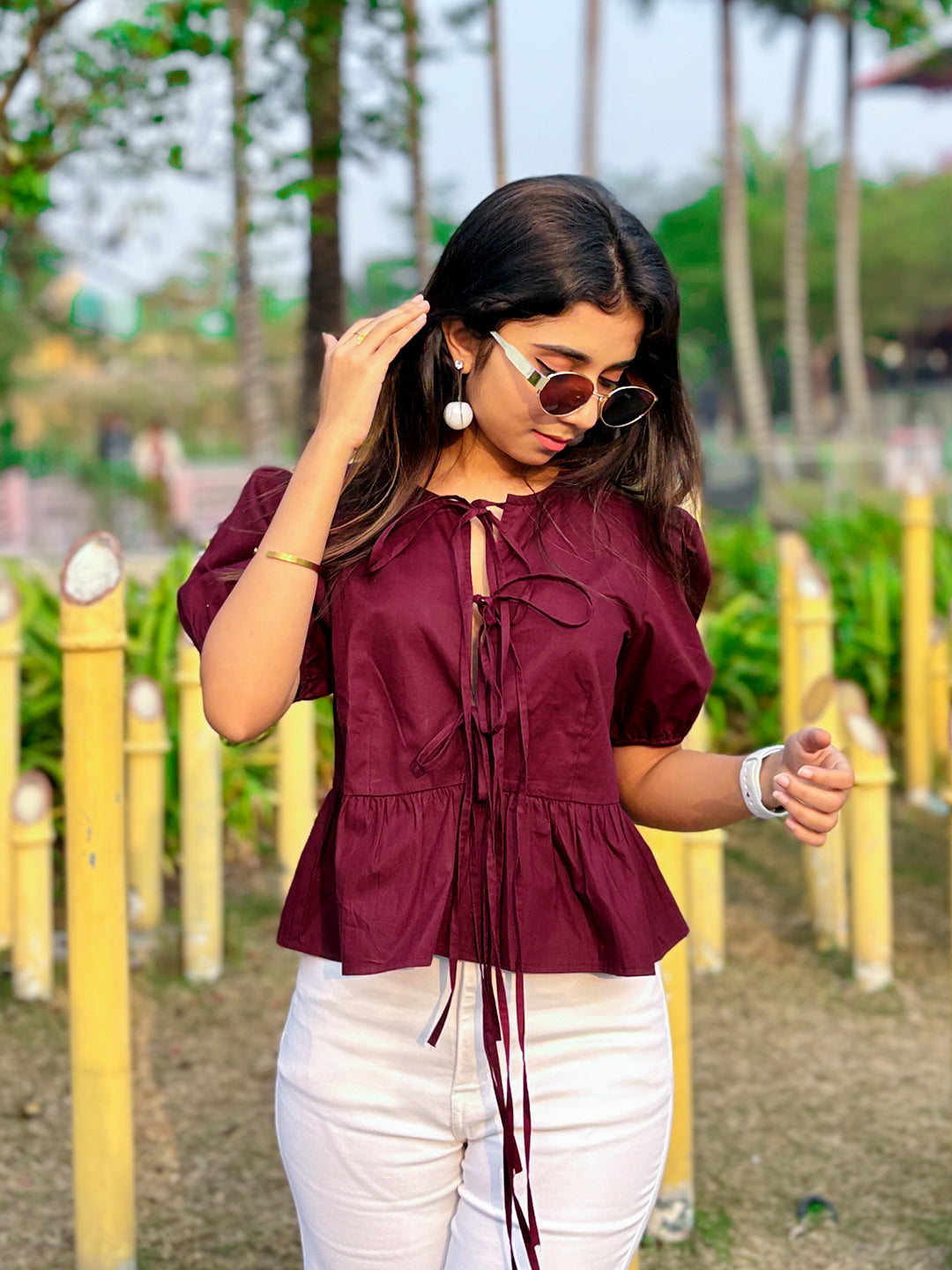 Wine Solid Short Sleeves Top