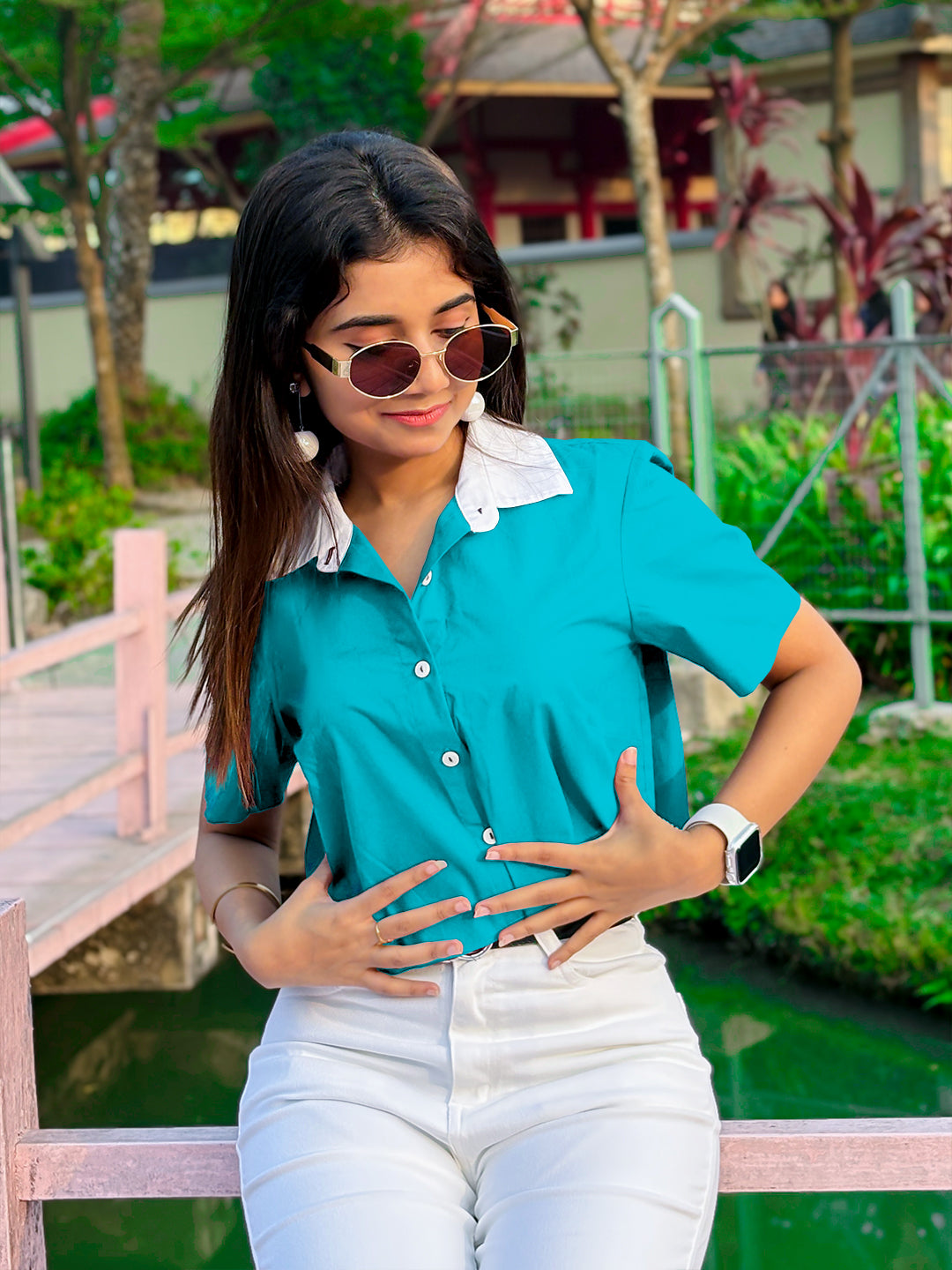 Teal Solid Short Sleeves Shirt