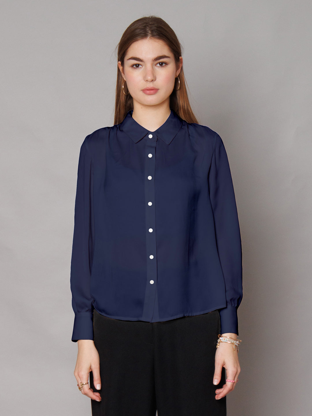 Solid Navy Gathered Shirt