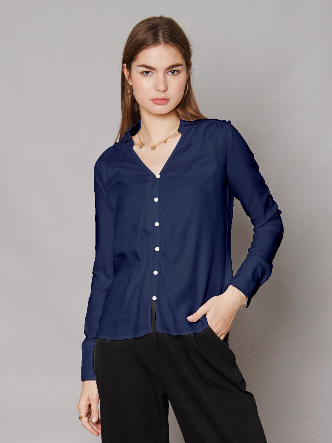 Solid Navy Gathered Shirt