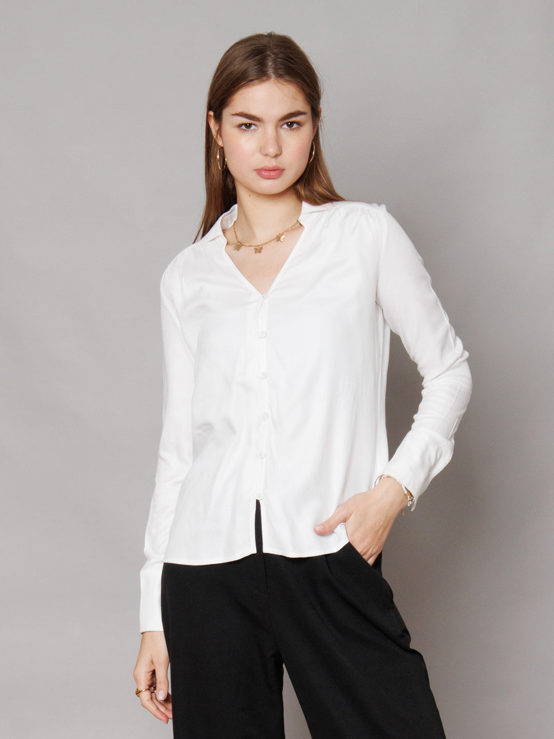 Solid White Gathered Shirt