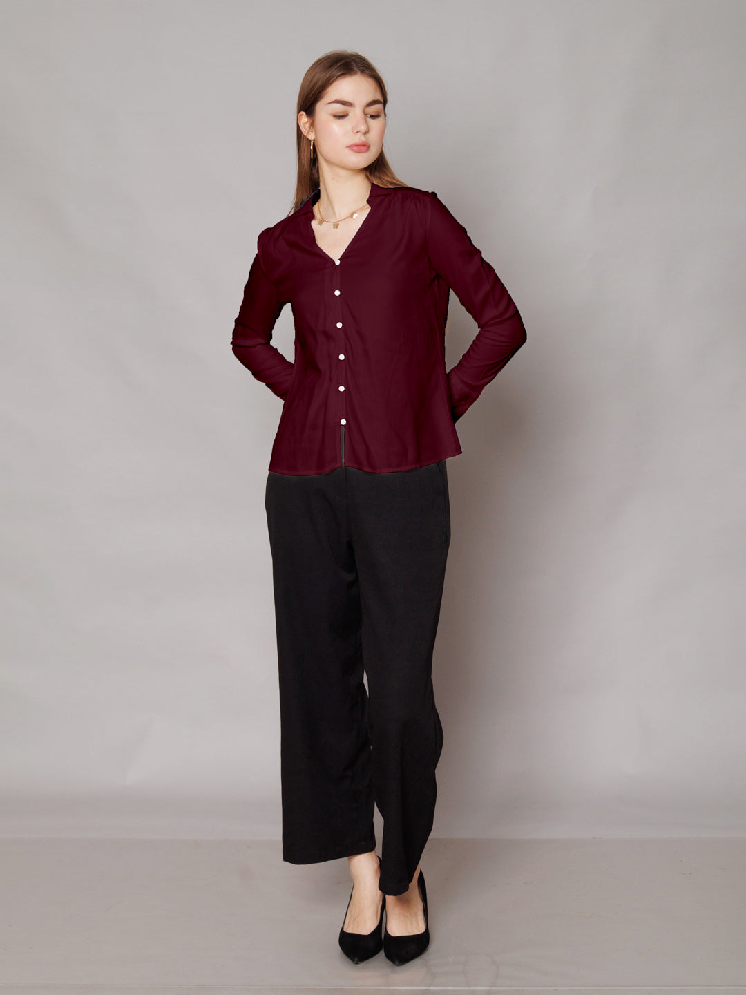 Solid Cranberry Gathered Shirt