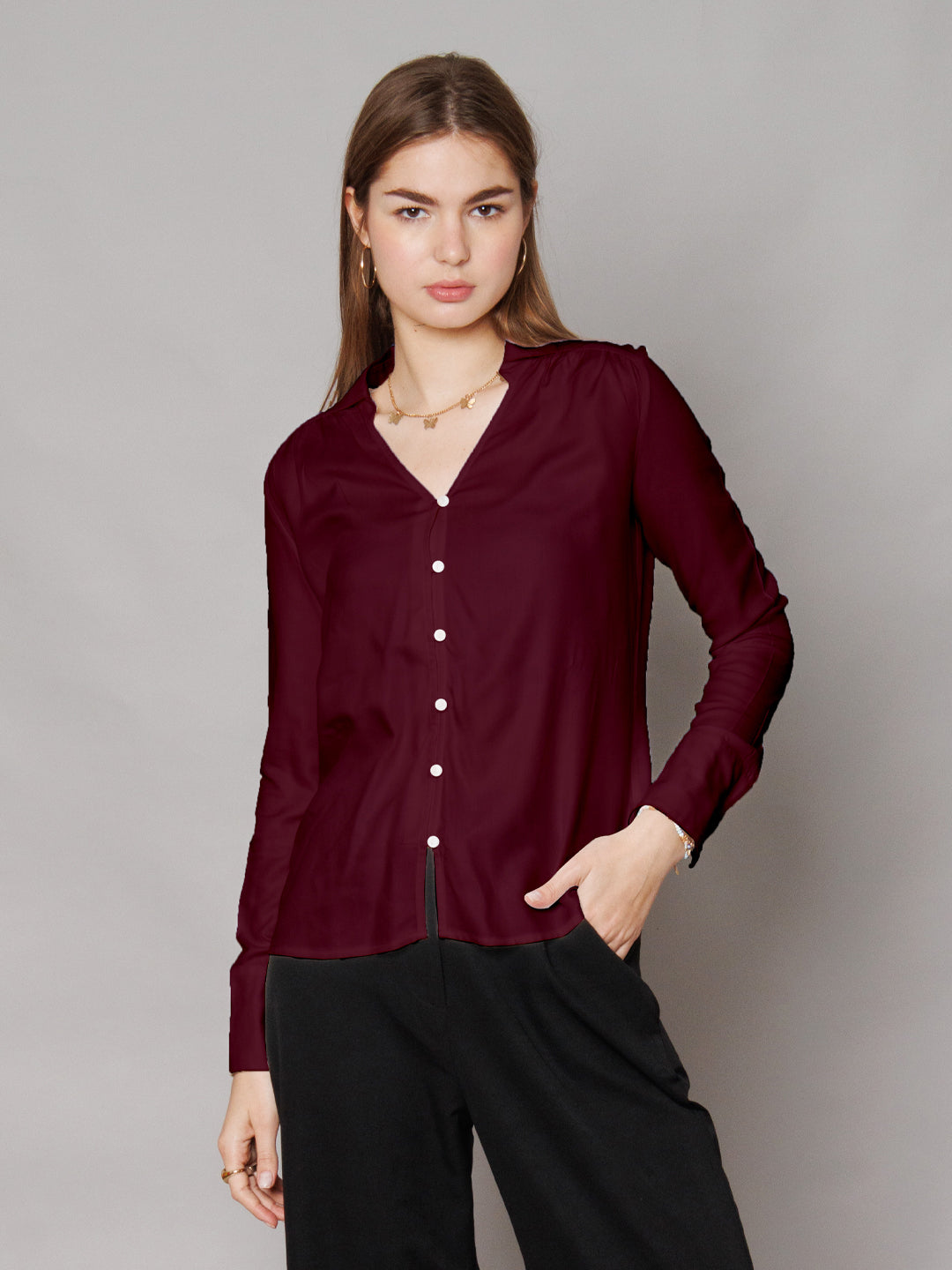 Solid Cranberry Gathered Shirt