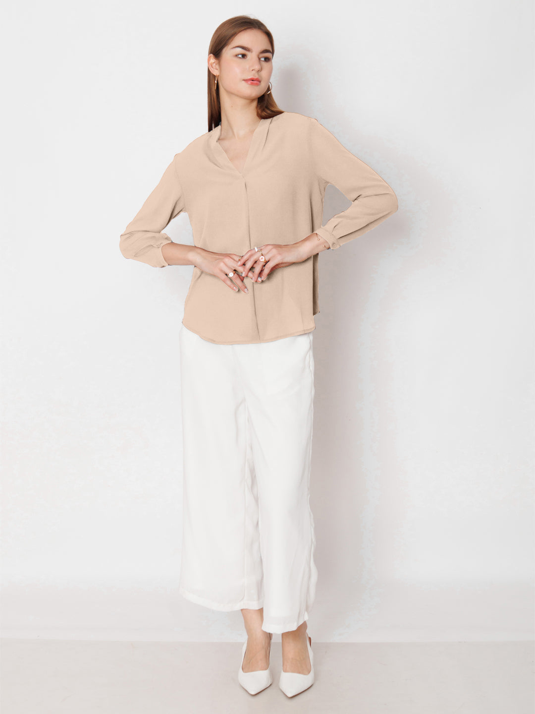 Cream Solid Straight Fit Top