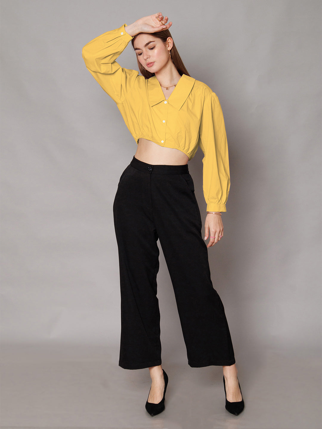 Yellow Solid Relaxed Fit Crop Shirt