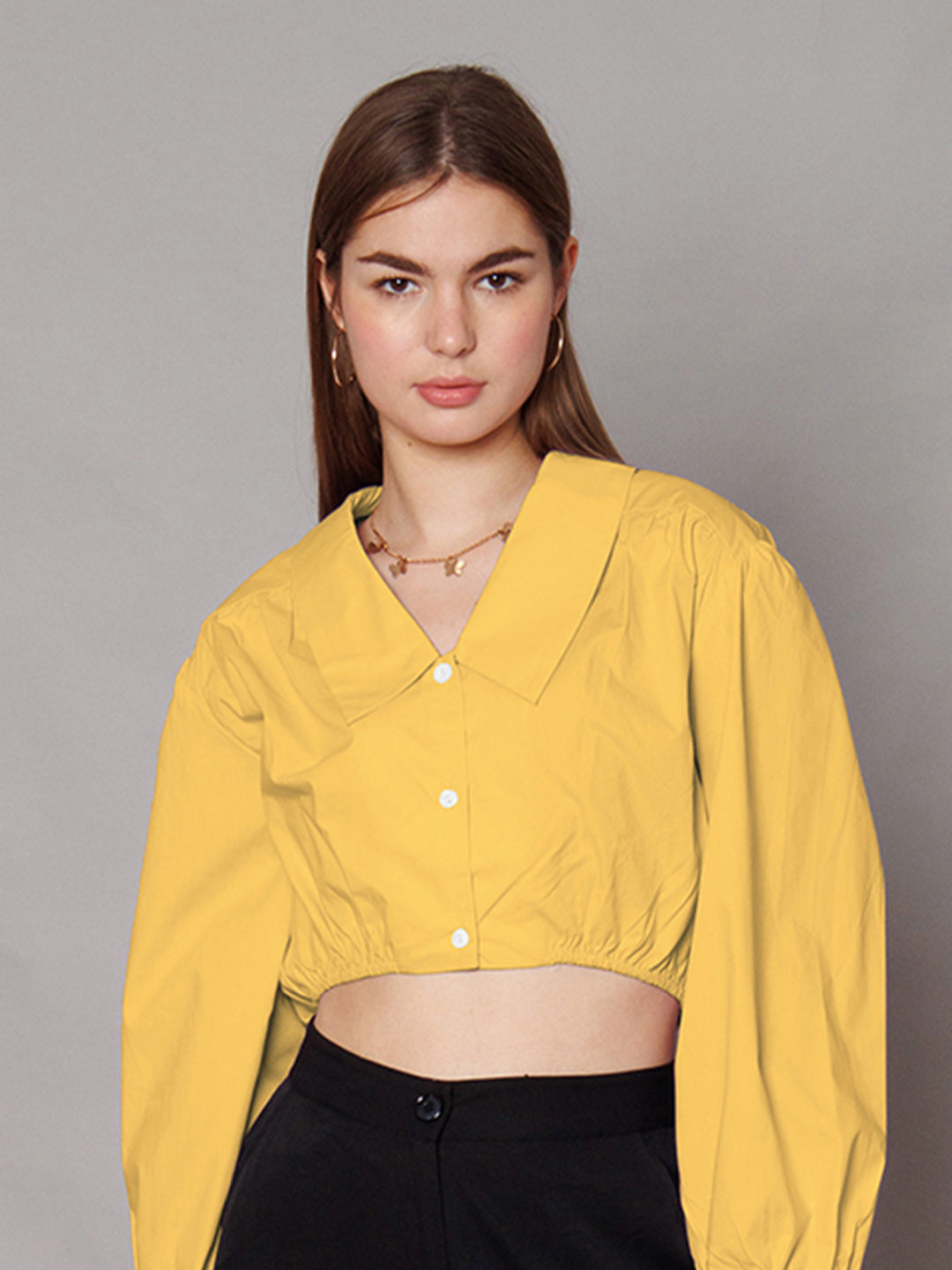 Yellow Solid Relaxed Fit Crop Shirt