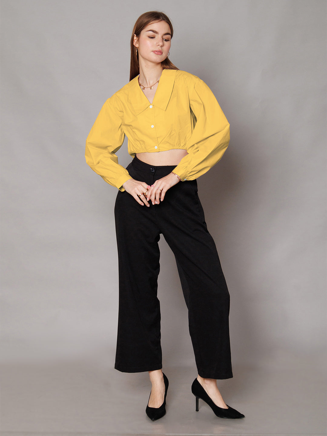 Yellow Solid Relaxed Fit Crop Shirt