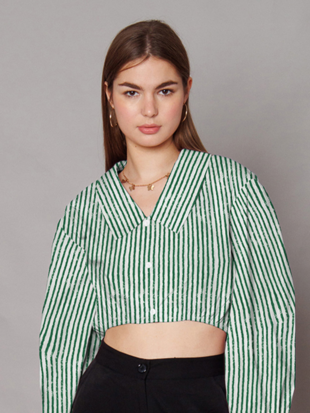 Green Stripes Relaxed Fit Crop Shirt