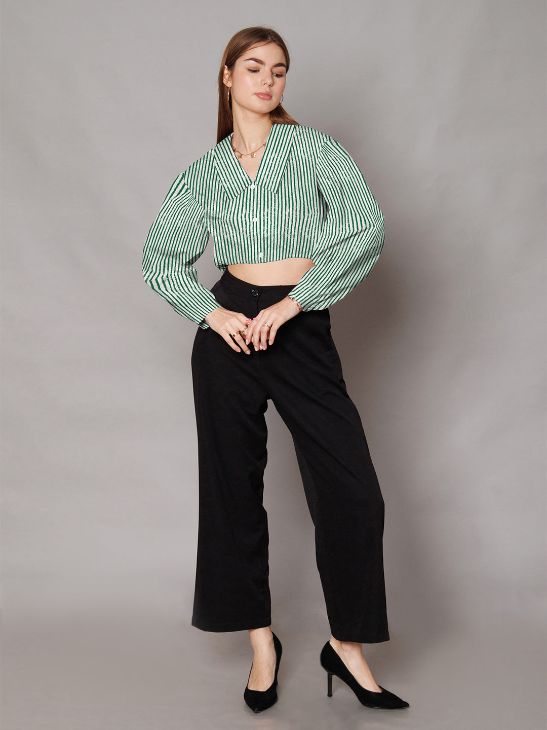 Green Stripes Relaxed Fit Crop Shirt