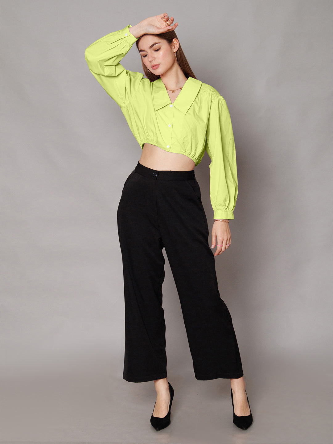 Lime Green Solid Relaxed Fit Crop Shirt