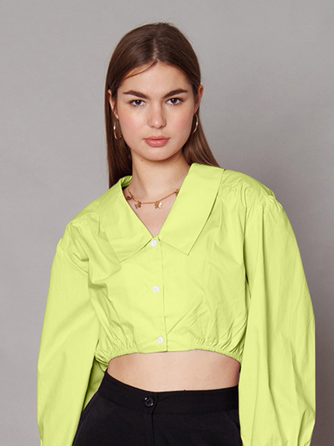 Lime Green Solid Relaxed Fit Crop Shirt