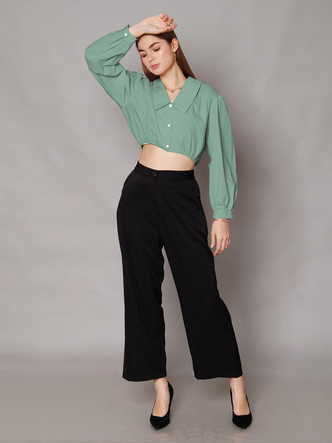 Mint Green Solid Relaxed Fit Crop Shirt