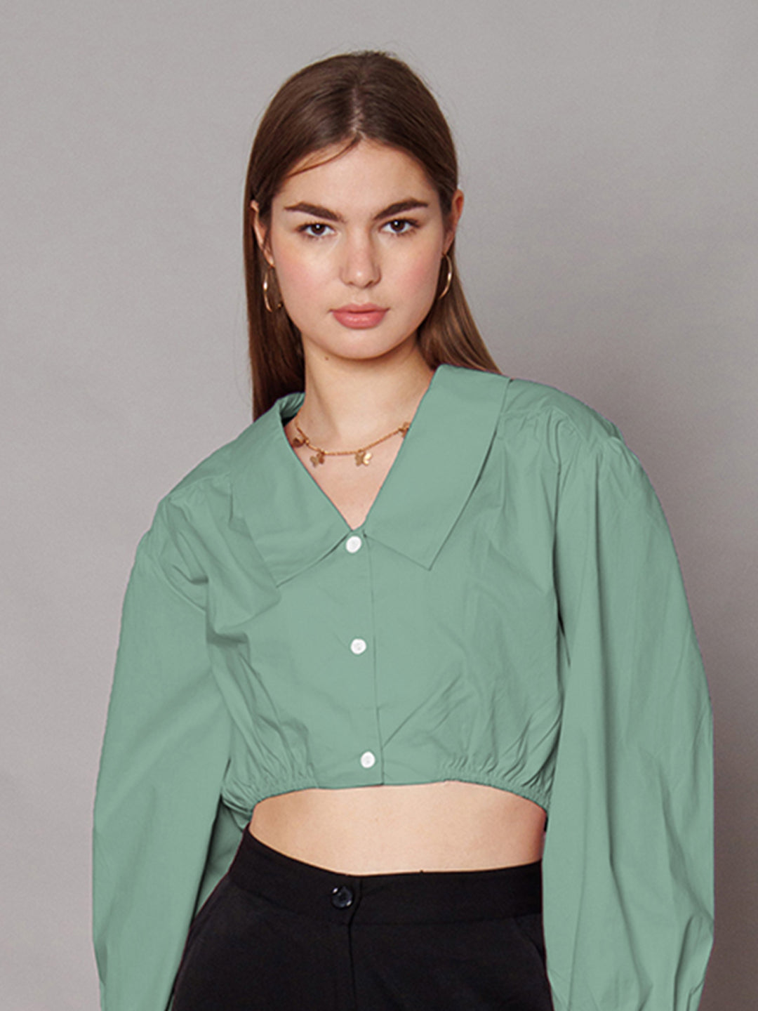 Mint Green Solid Relaxed Fit Crop Shirt