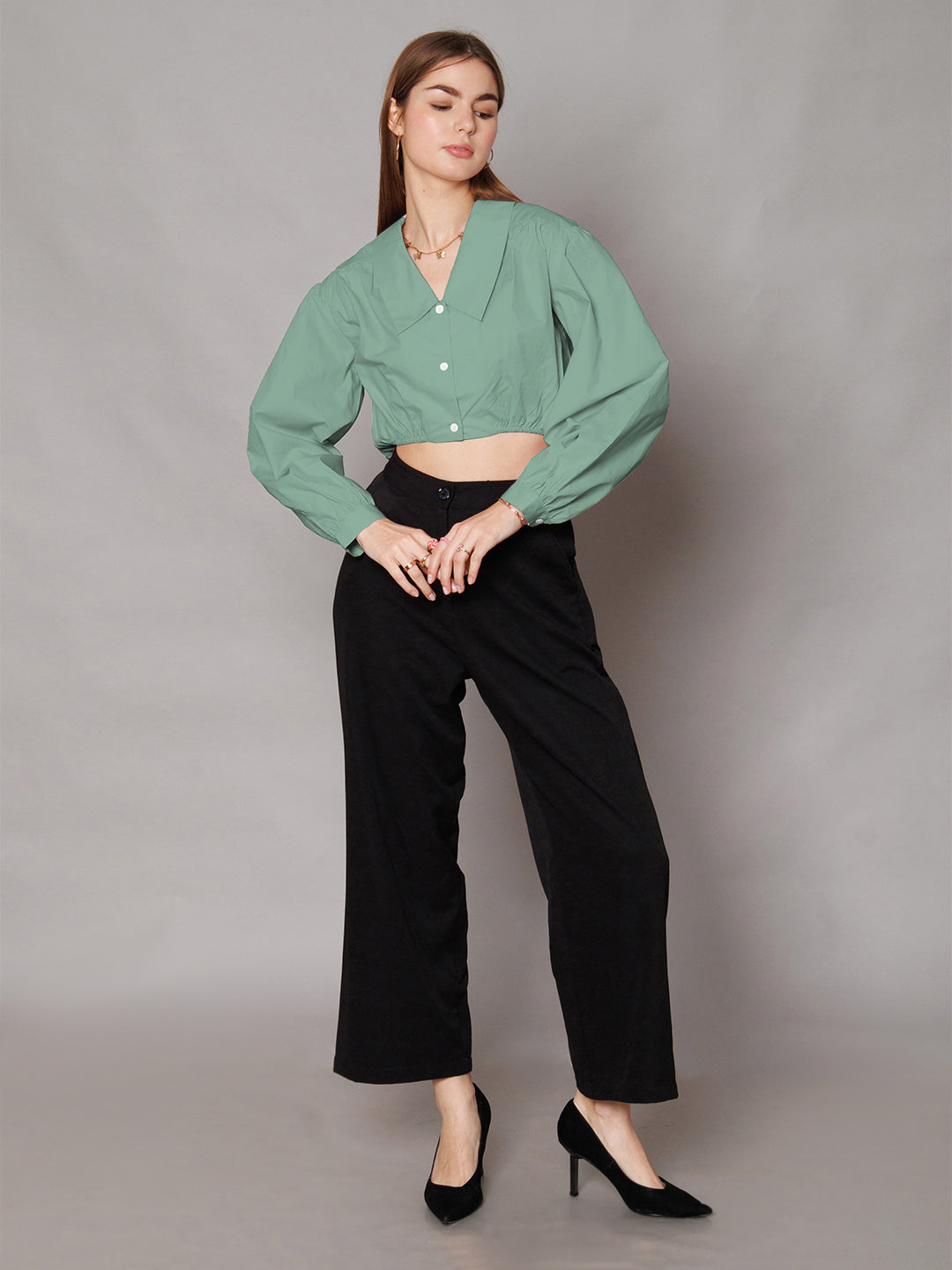 Mint Green Solid Relaxed Fit Crop Shirt