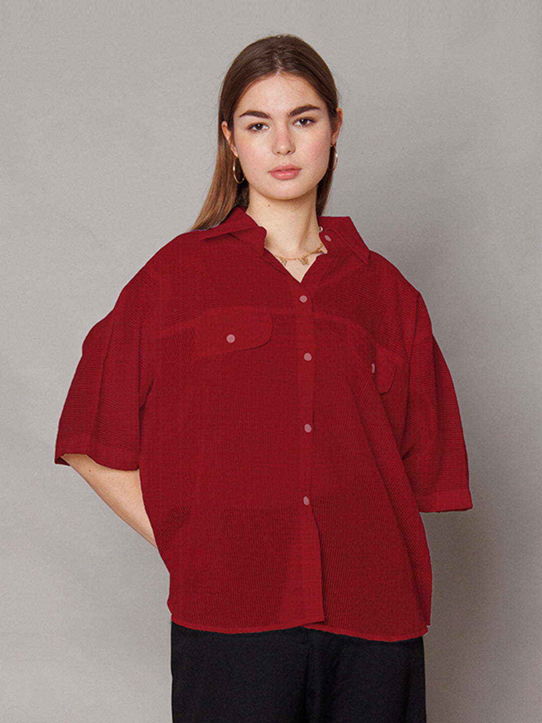 Red Textured Relaxed Fit Shirt