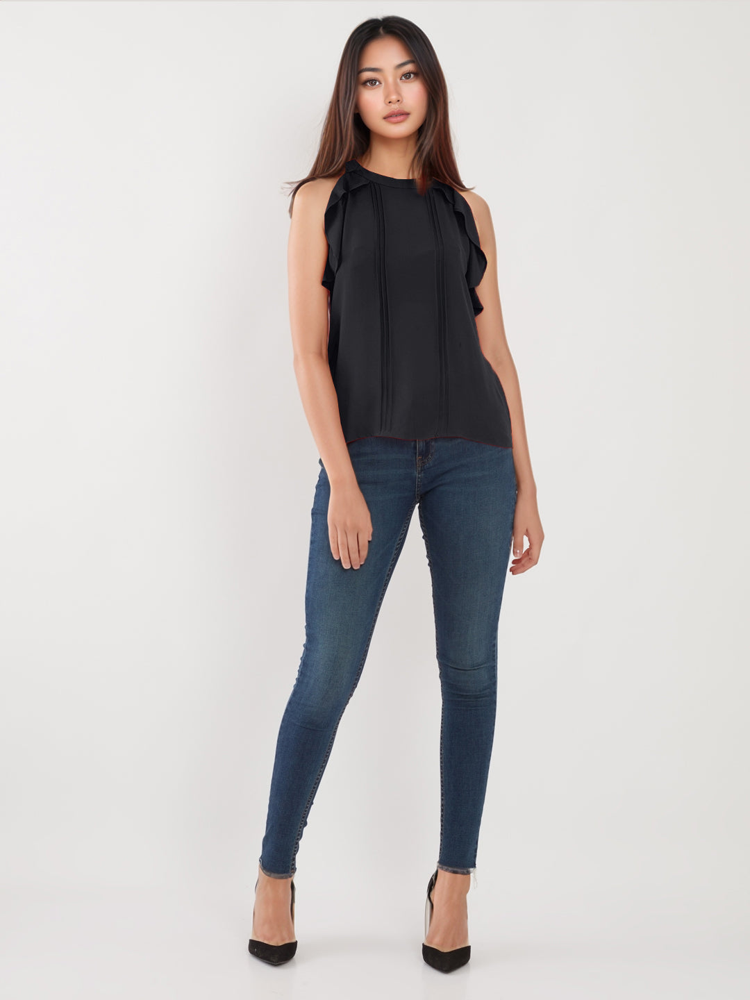 Black Solid Ruffled Top for Women