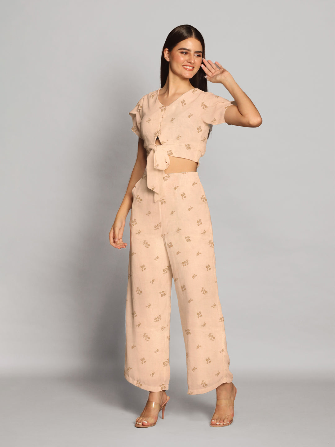 Floral Print Beige Cropped Co-Ord Set