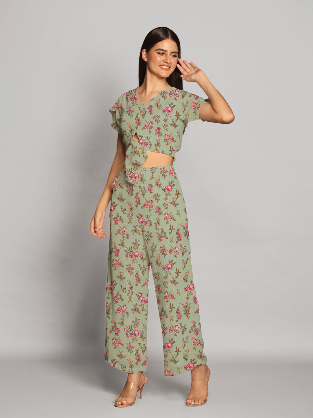 Floral Print Mint Green Cropped Co-Ord Set