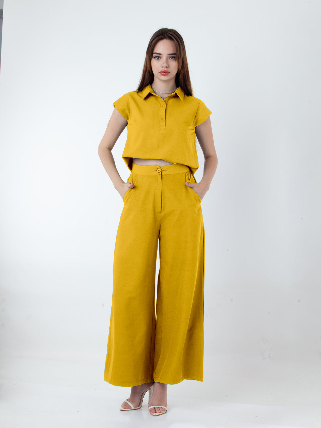 Solid Yellow Wide Leg Co-Ord Set