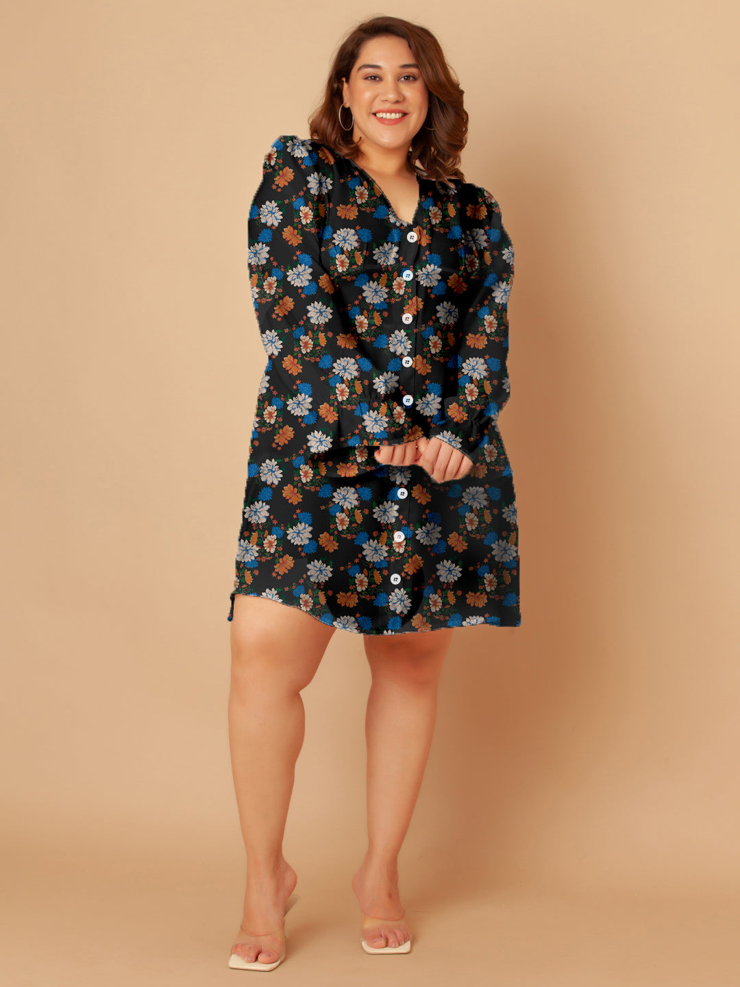 Black Floral Print A-Line Short Dress