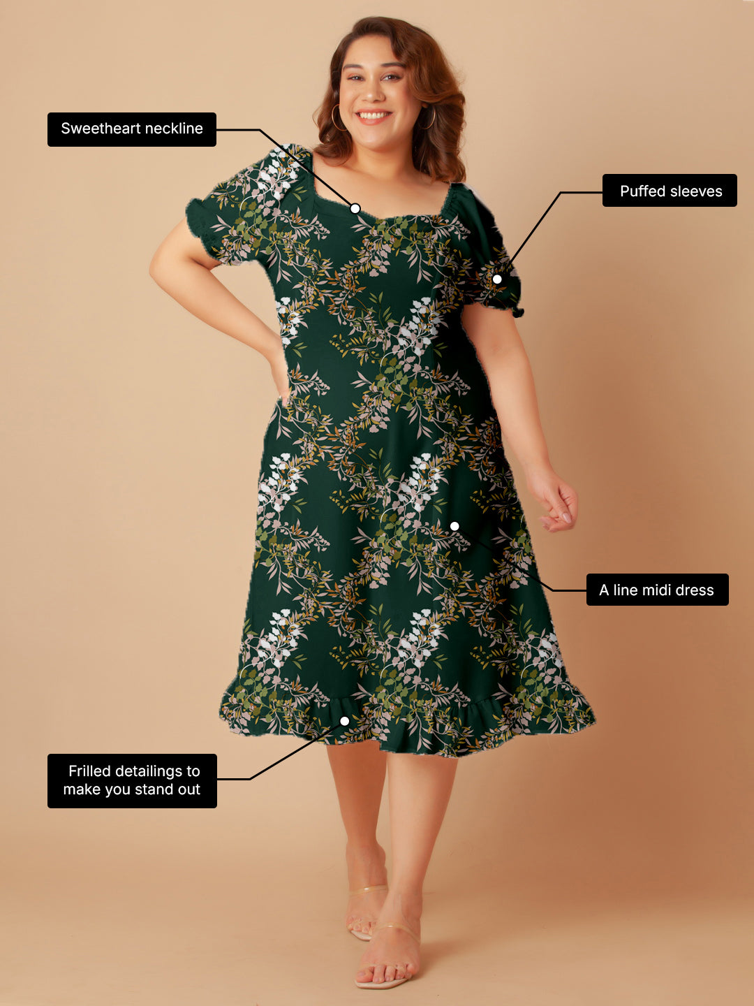 Dark Green Tropical Print A-Line Midi Dress