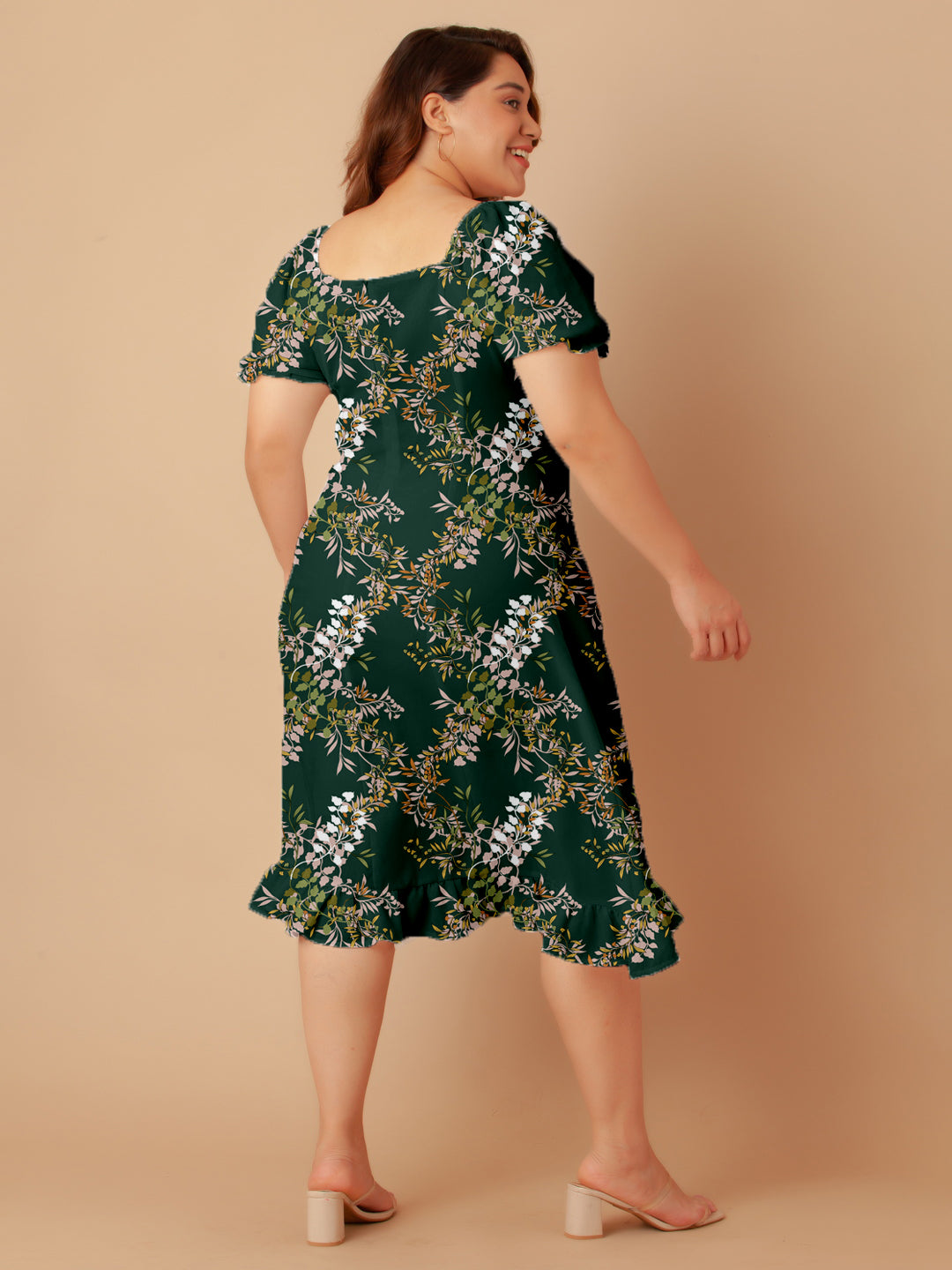 Dark Green Tropical Print A-Line Midi Dress