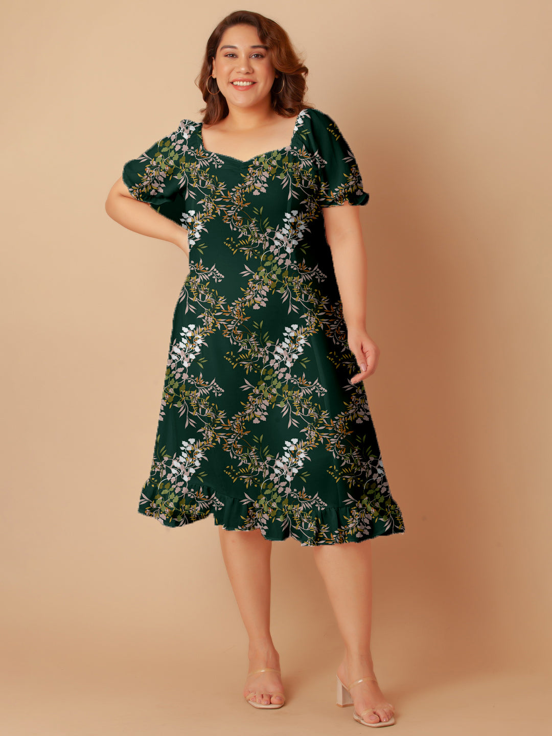 Dark Green Tropical Print A-Line Midi Dress