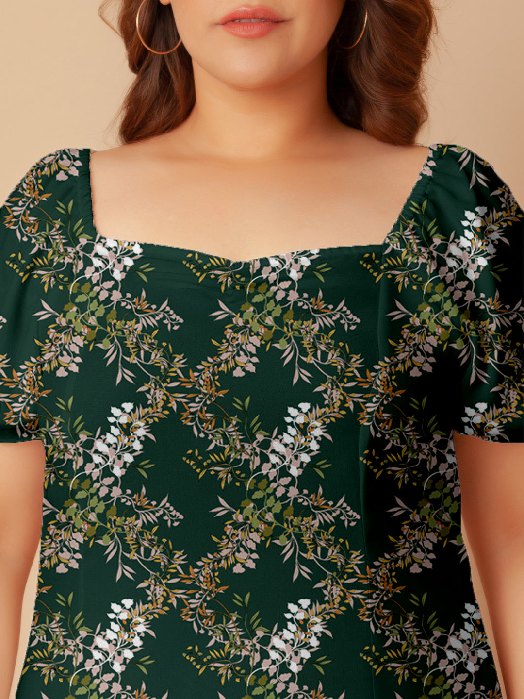 Dark Green Tropical Print A-Line Midi Dress