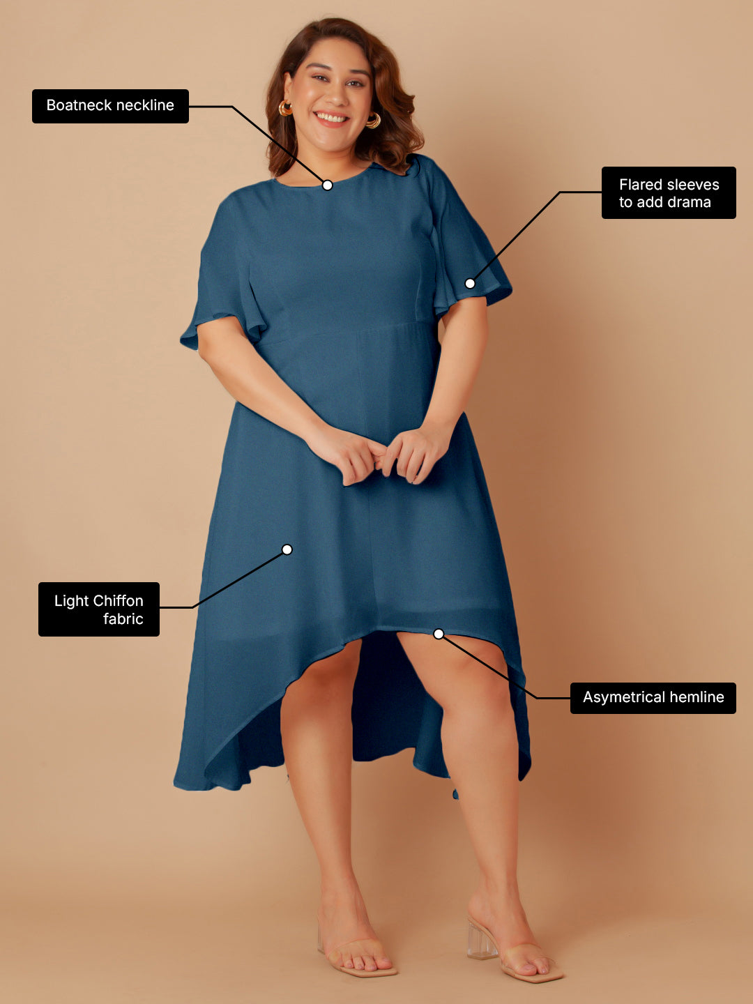 Blue Solid Flared Midi Dress