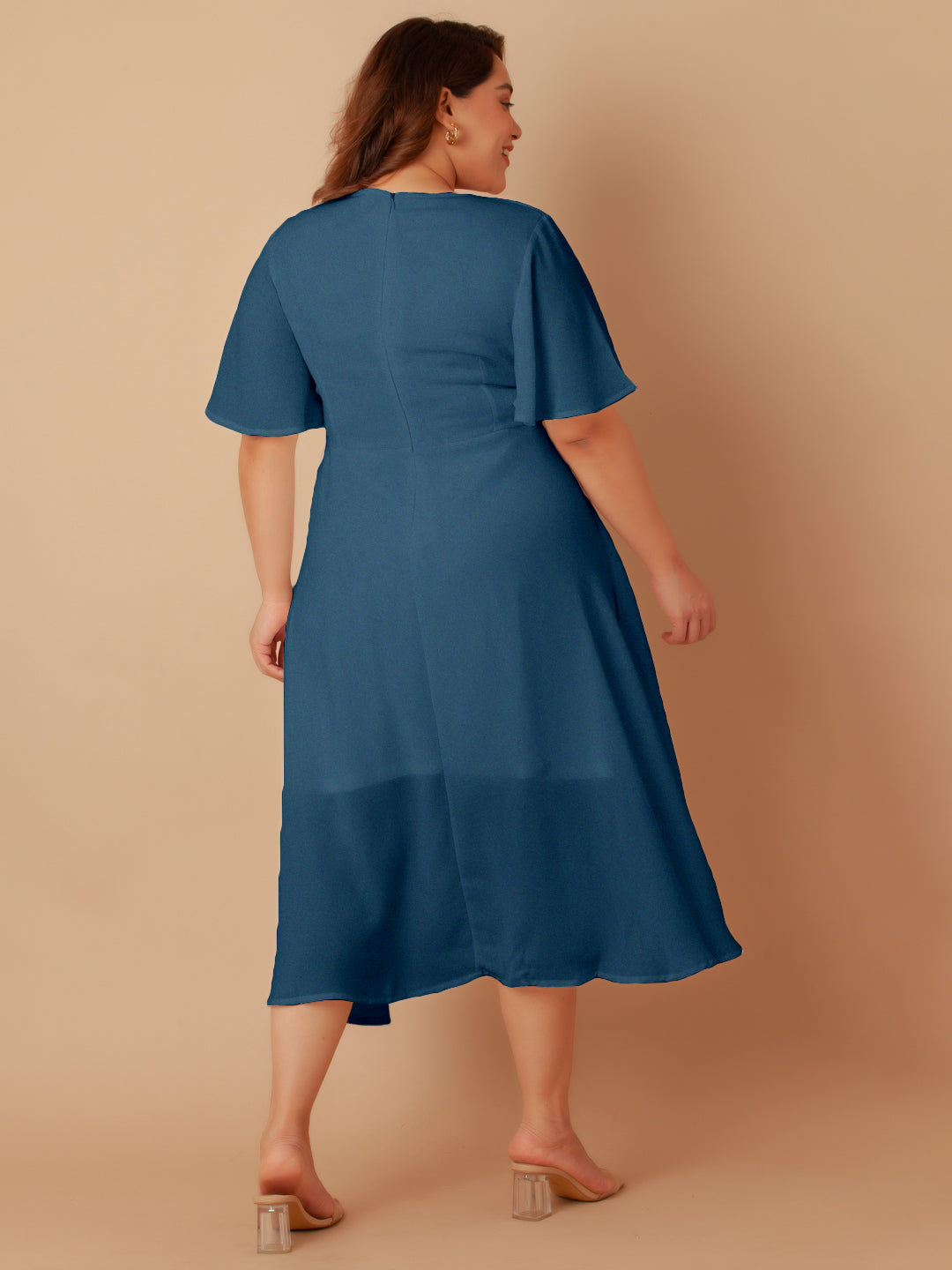 Blue Solid Flared Midi Dress