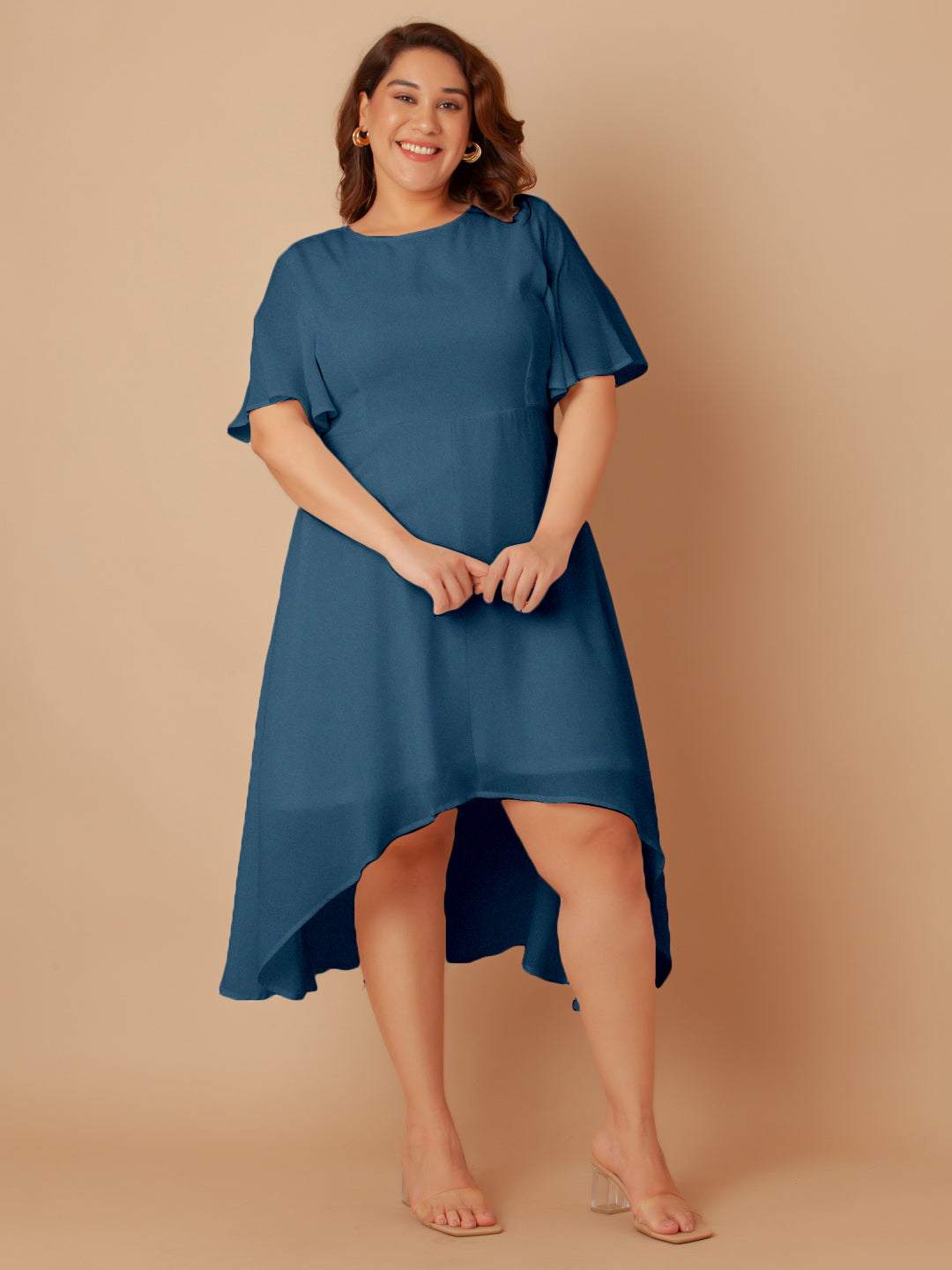 Blue Solid Flared Midi Dress