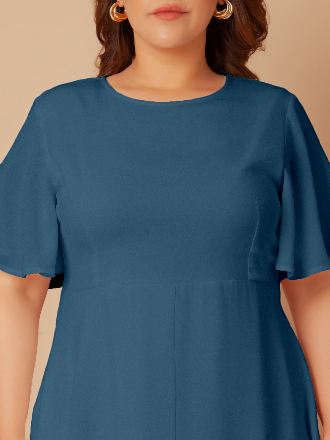 Blue Solid Flared Midi Dress