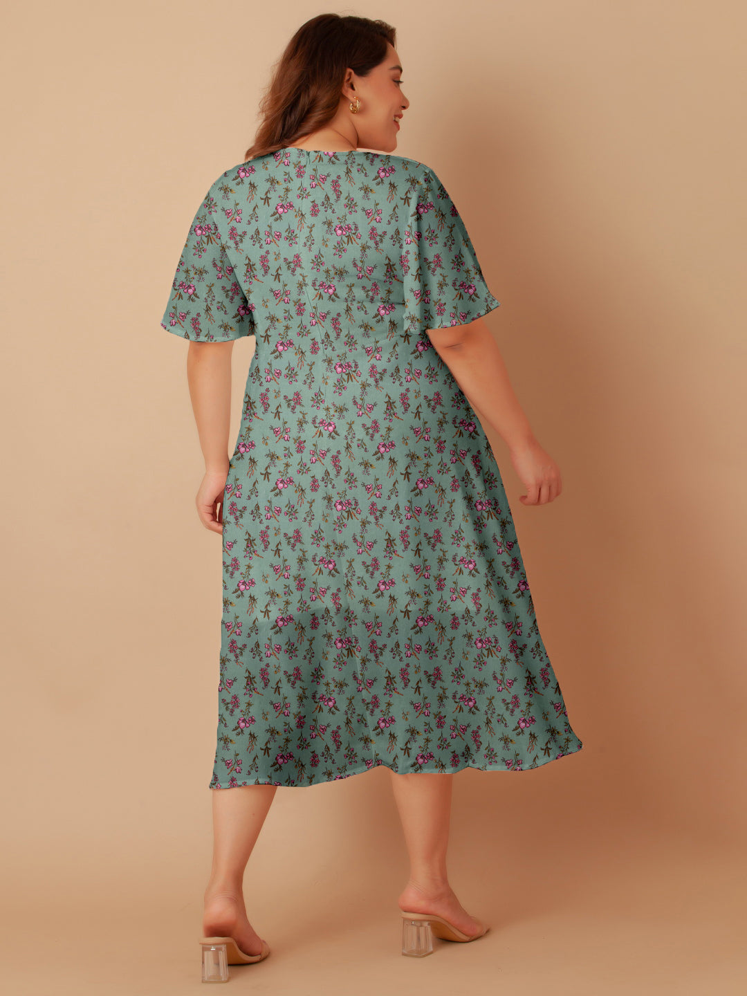 Mint Floral Print Flared Midi Dress