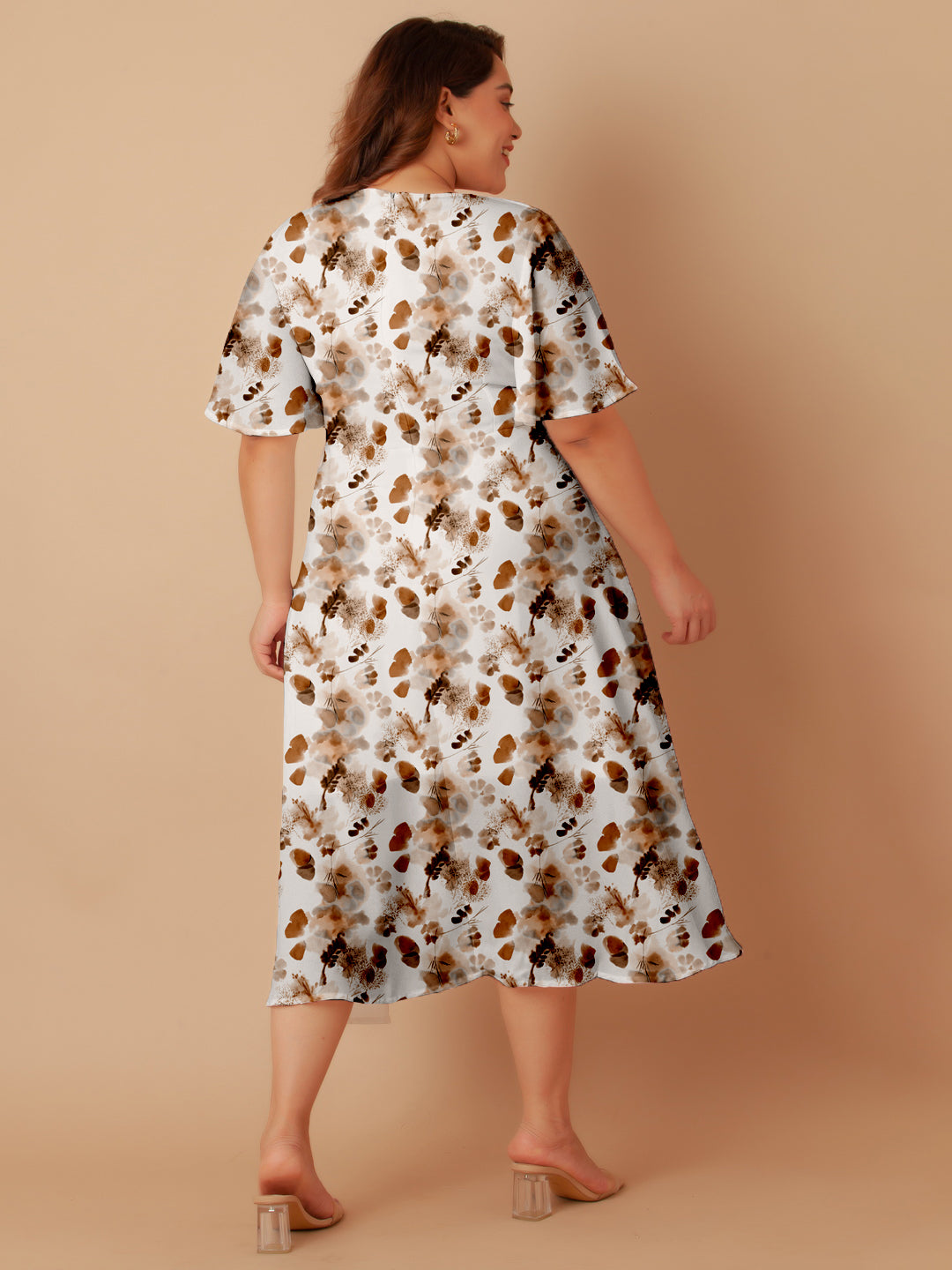 Off White Floral Print Flared Midi Dress