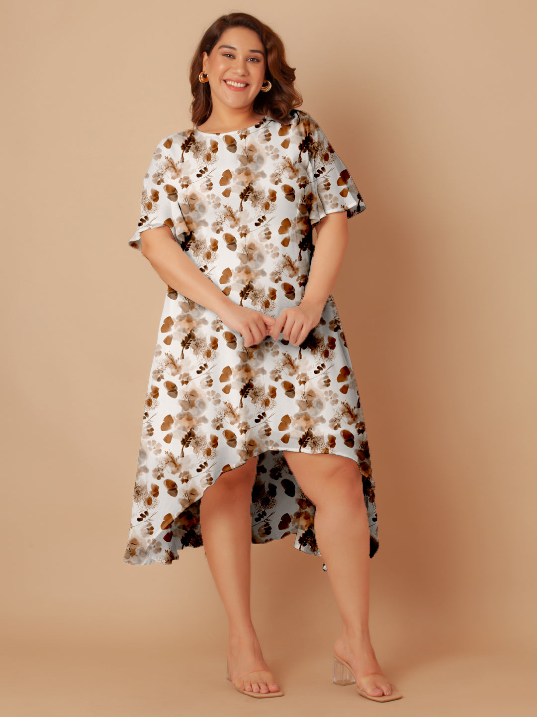 Off White Floral Print Flared Midi Dress