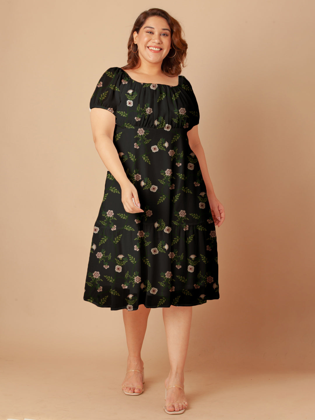 Black Floral Print Empire Midi Dress