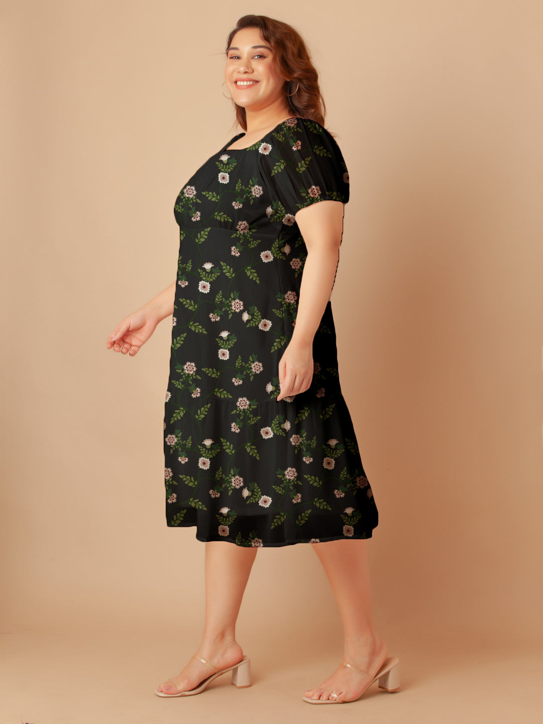 Black Floral Print Empire Midi Dress