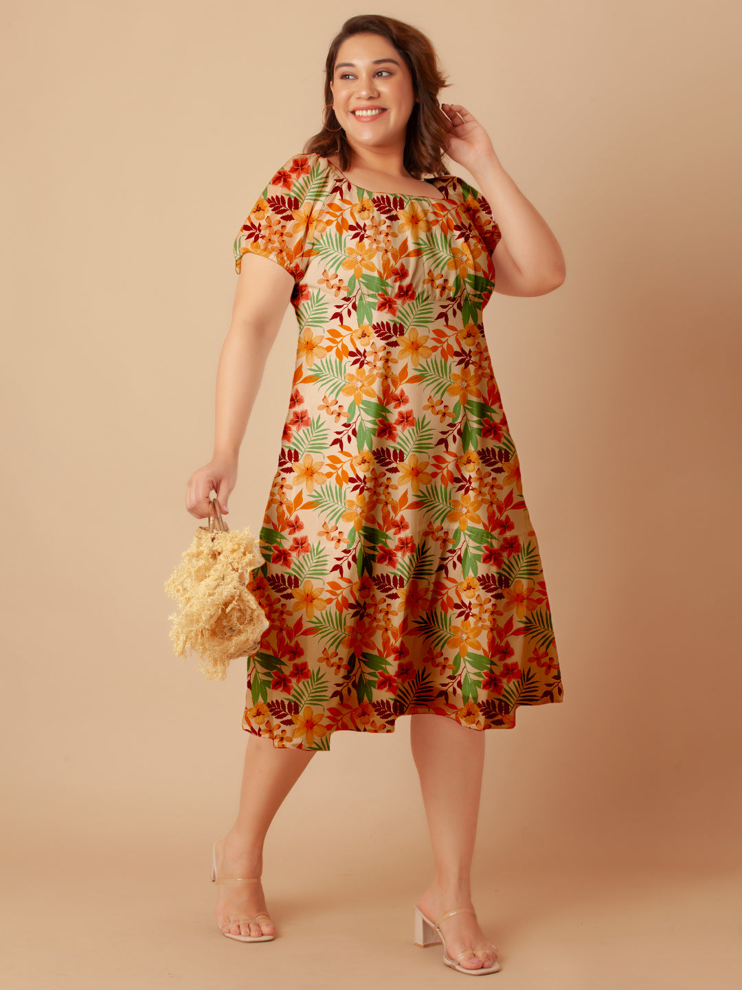 Multi-Colored Floral Print Empire Midi Dress