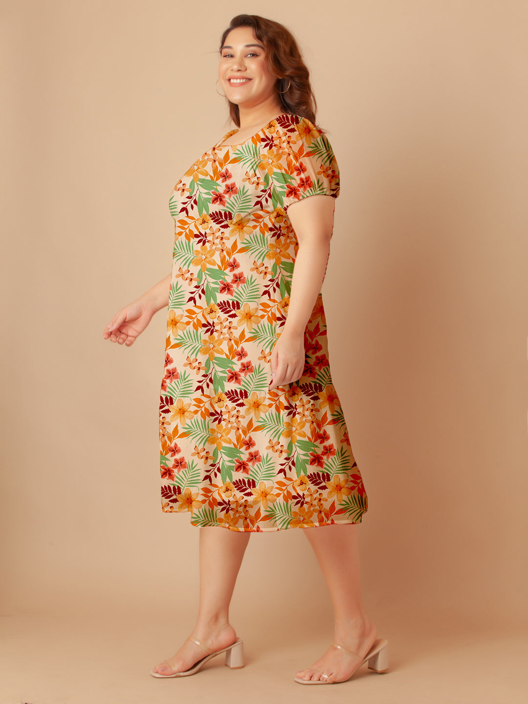 Multi-Colored Floral Print Empire Midi Dress