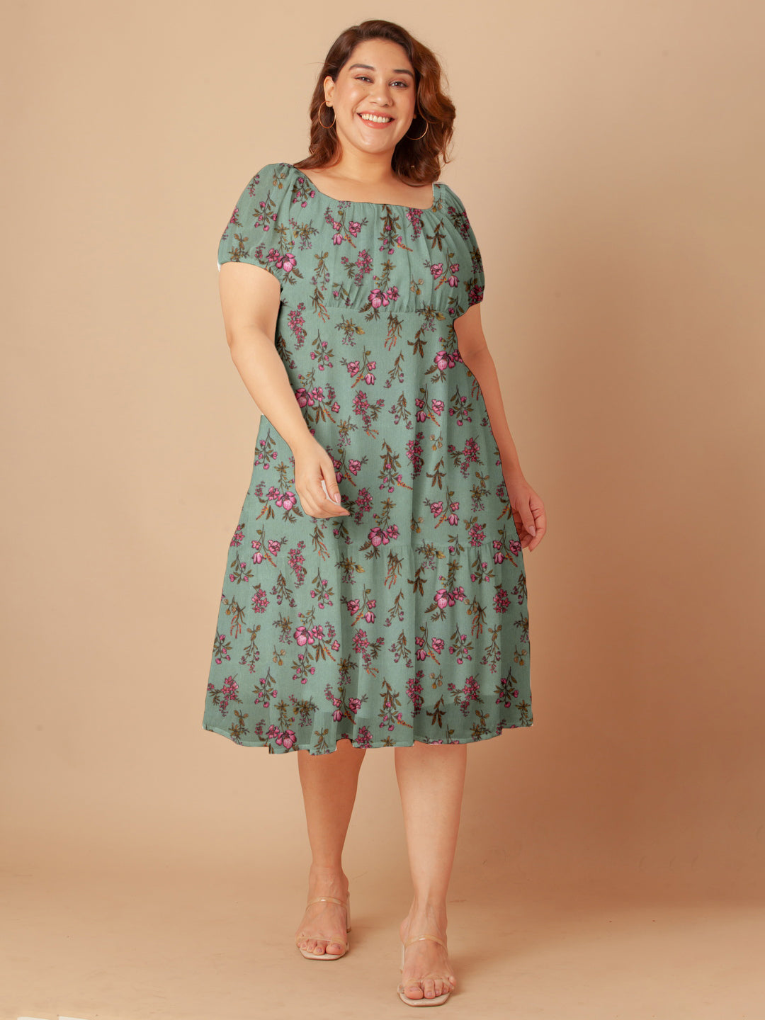 Mint Green Floral Print Empire Midi Dress