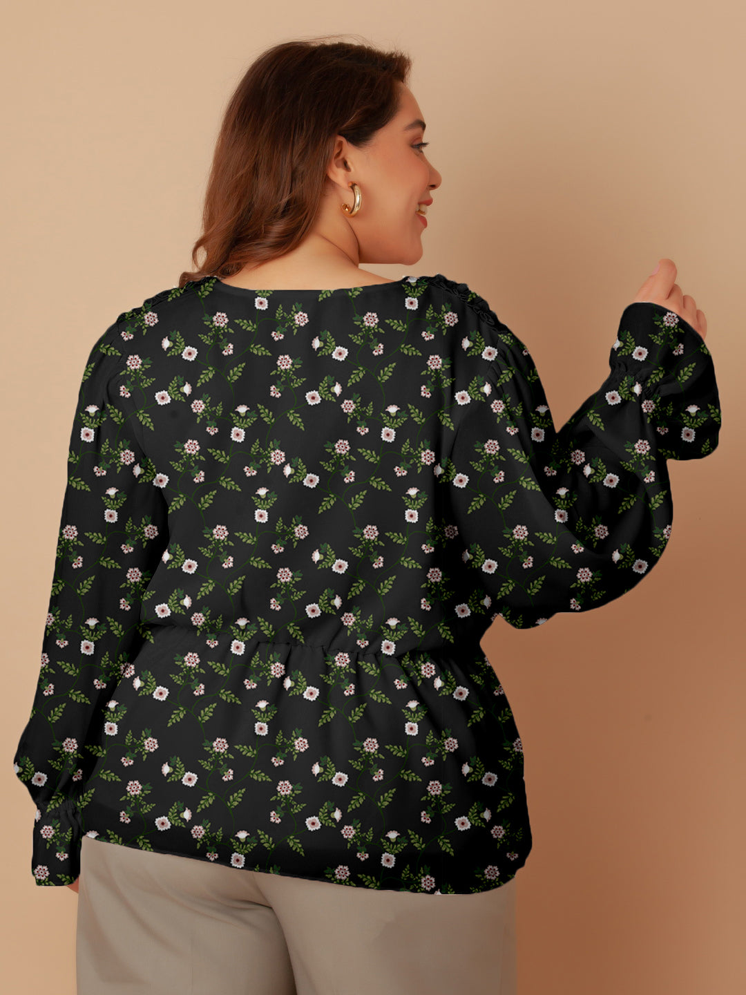 Black Floral Print Peplum Top