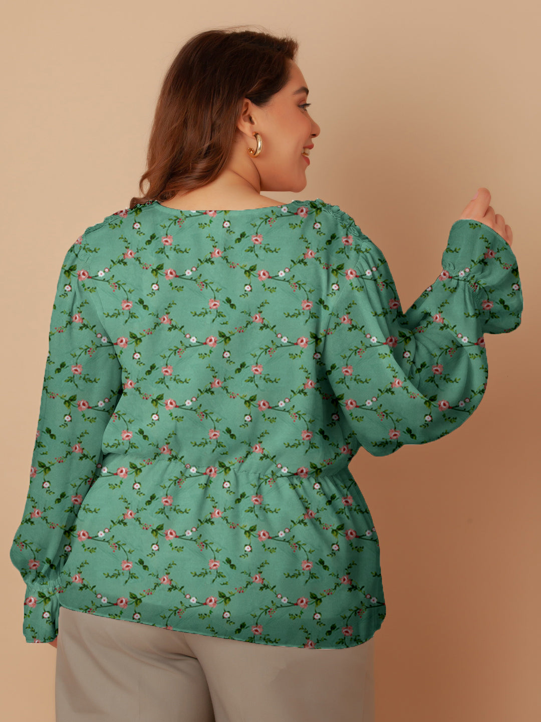 Green Floral Print Peplum Top