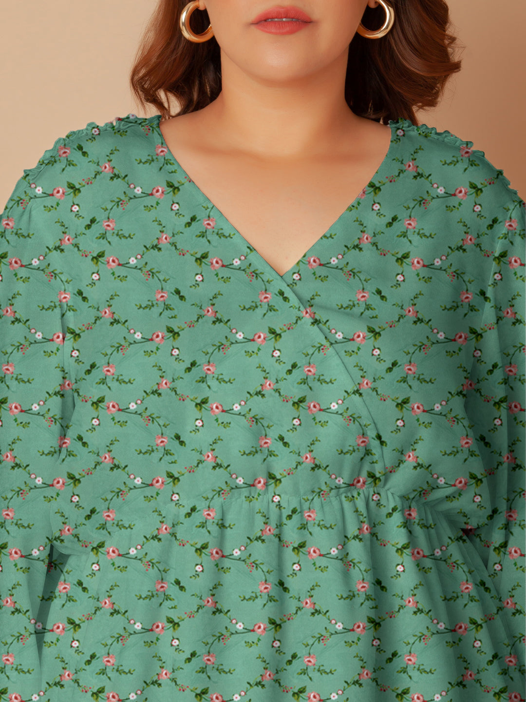 Green Floral Print Peplum Top