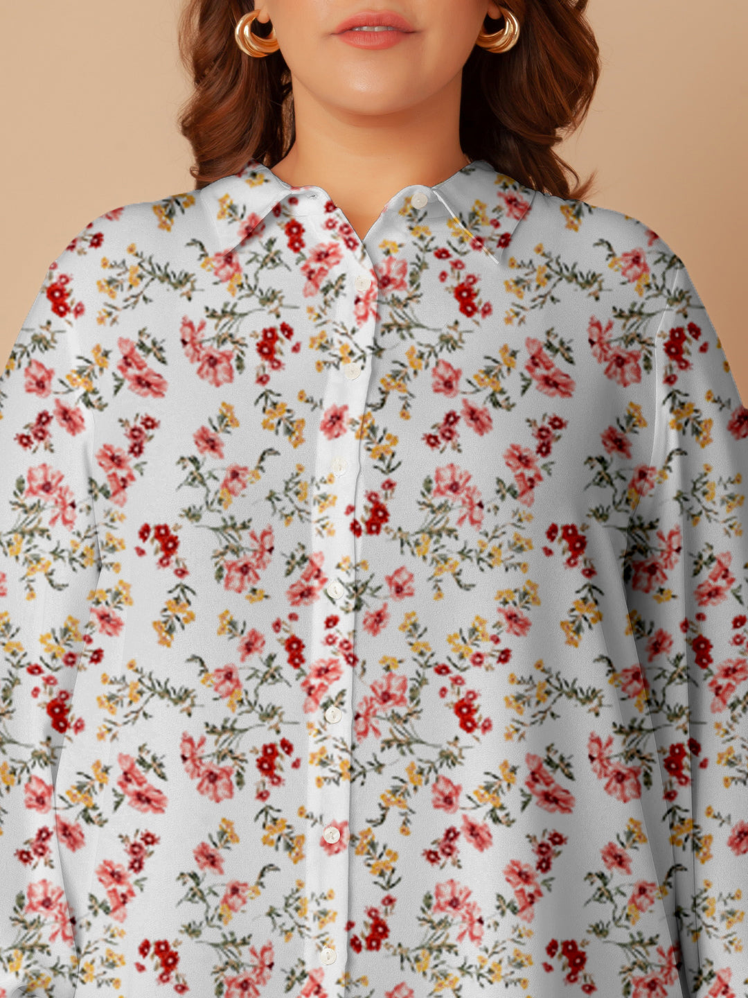 White Floral Print Buttoned Long Shirt