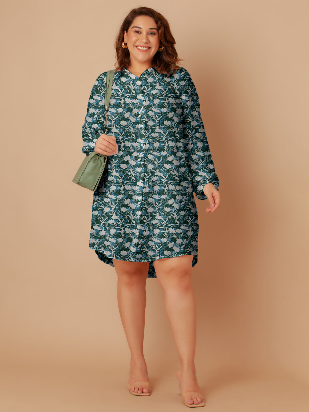 Green Floral Print Buttoned Long Shirt