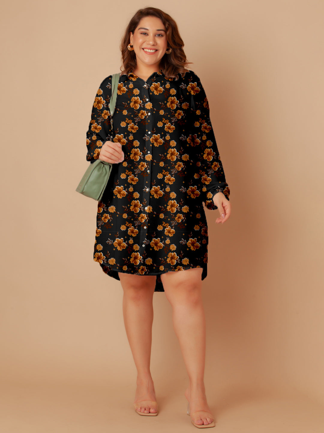 Black & Brown Floral Print Buttoned Long Shirt