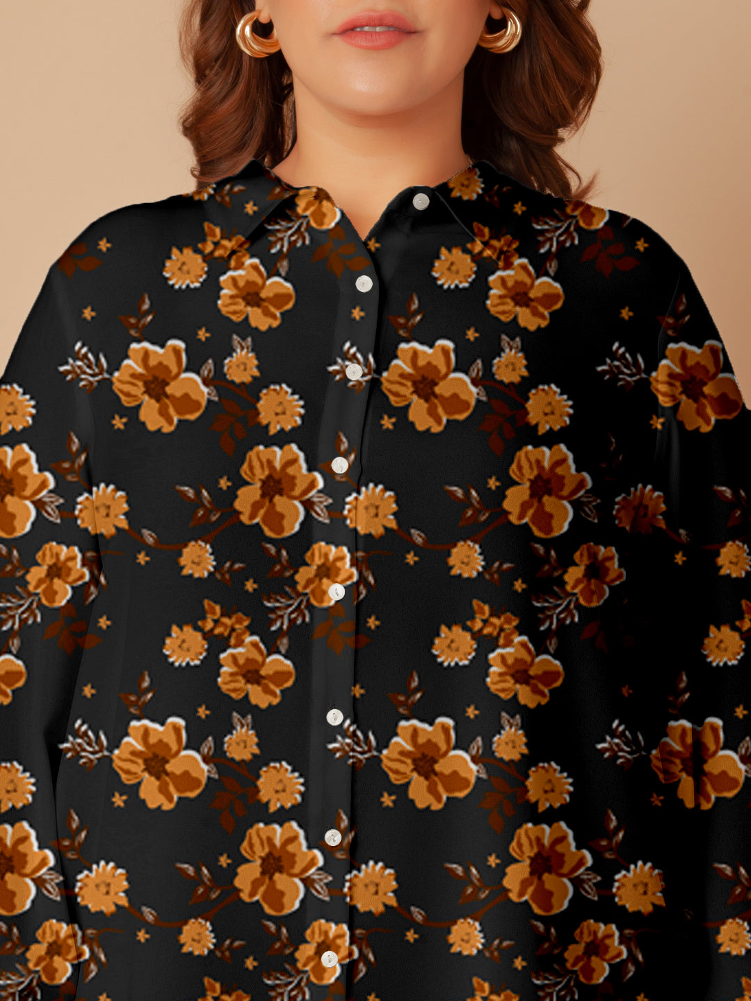 Black & Brown Floral Print Buttoned Long Shirt