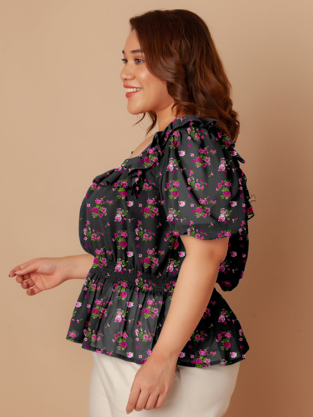 Black Floral Print Peplum Top