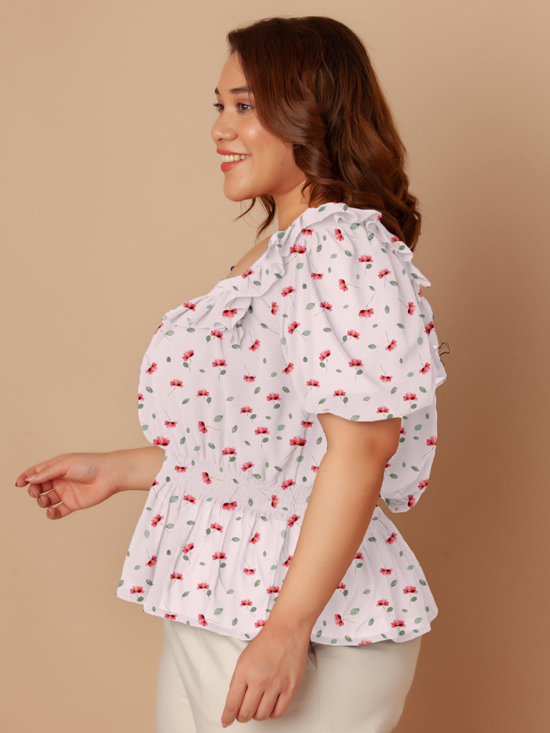 Baby Pink Floral Print Peplum Top