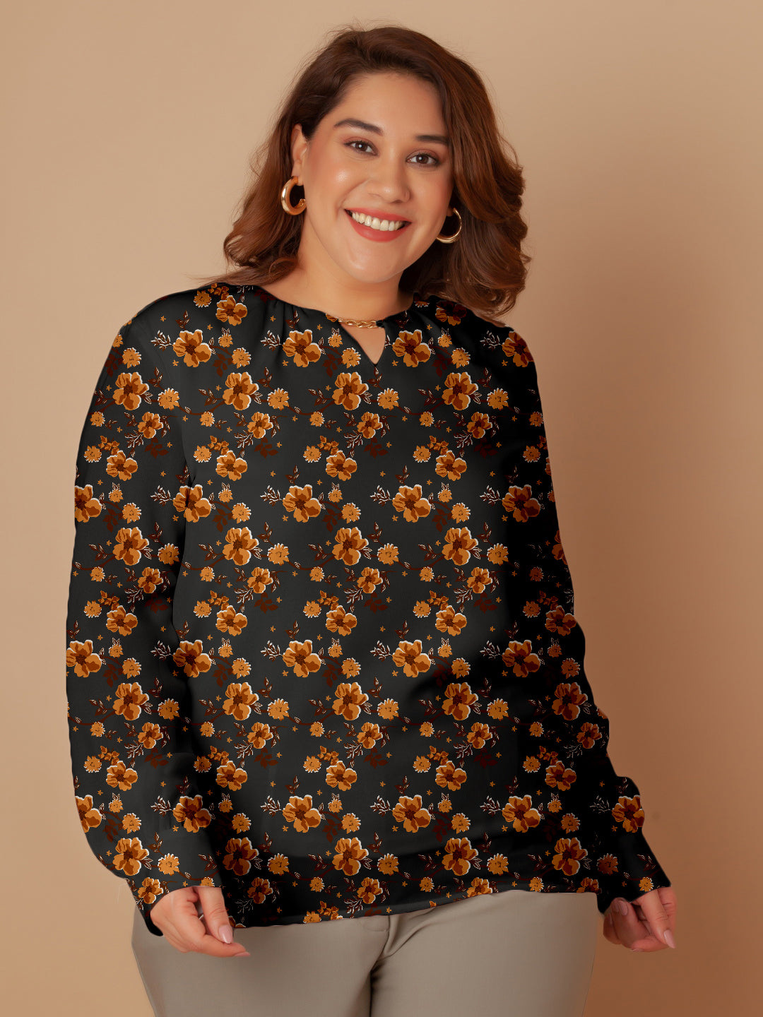 Black with Brown Floral Prints Regular Top